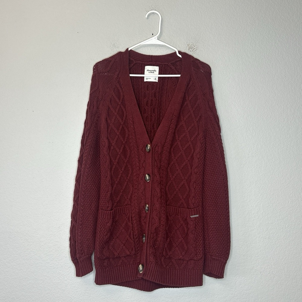 Abercrombie & Fitch Chunky Cable Knit Cardigan Sweater Womens Size M Maroon